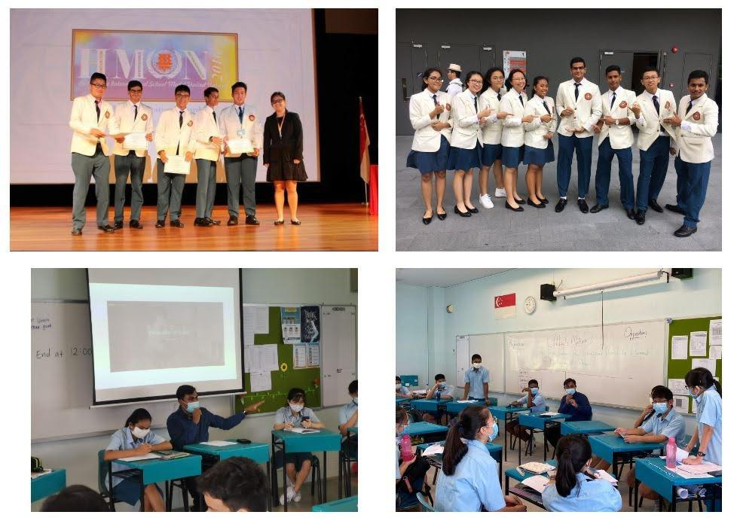 Collage of Model United Nations activities showing students receiving awards on stage, posing in formal attire, and participating in classroom discussions.